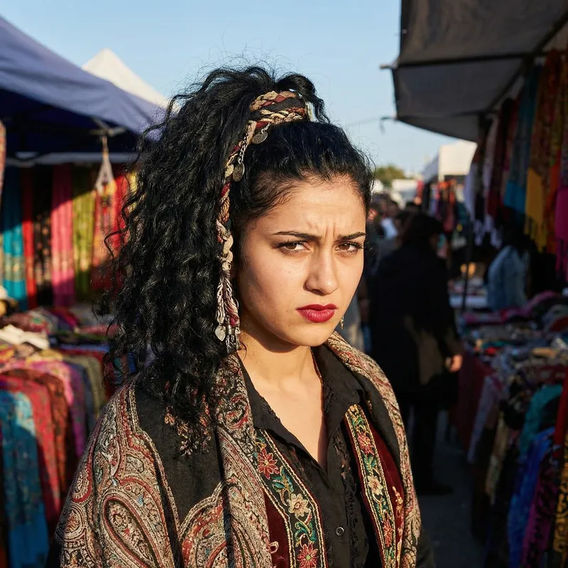Vibrant Gipsy Girl with Tan Skin, Green Eyes, and Red Lips