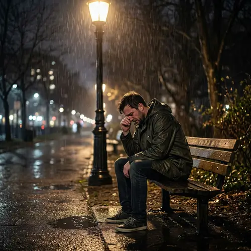 Lonely Man Crying Under Rainy Night Post