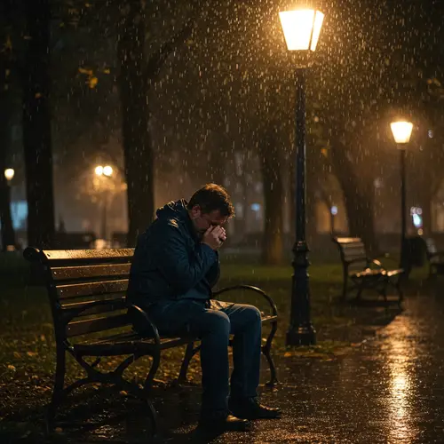 Lonely Man Crying Under Rainy Night Post