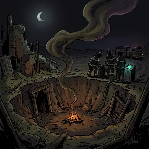 Abandoned Coal Pit: Eerie Fire and Shadows