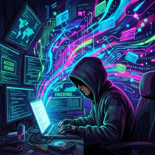 Engrossed Computer Hacker Illustration for Cyber-Crime Concept