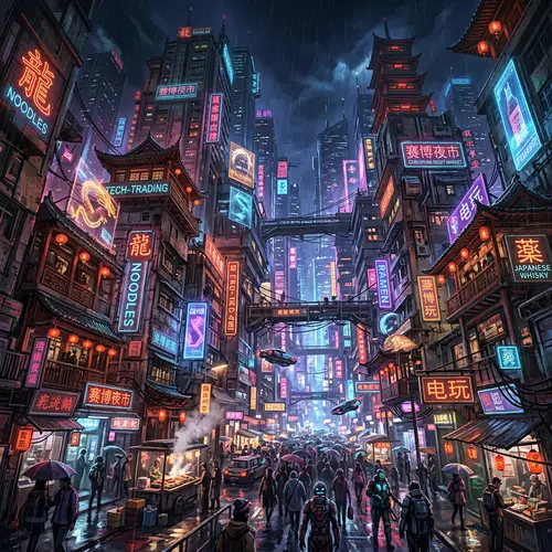 Cyberpunk Chinatown Night Scene with Neon Lights