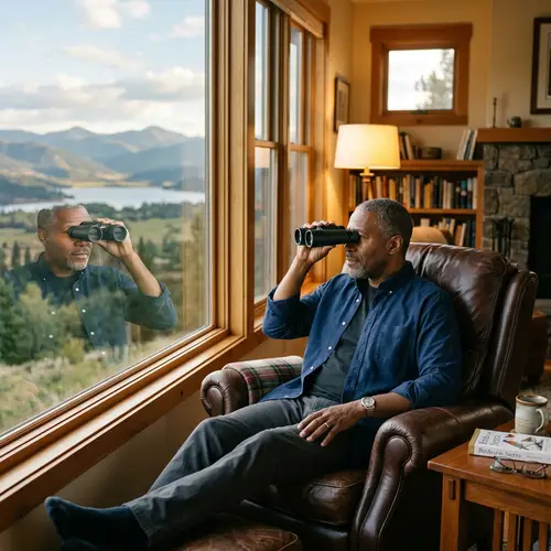 Relaxing Black Man in Brown Leather Recliner with Binoculars