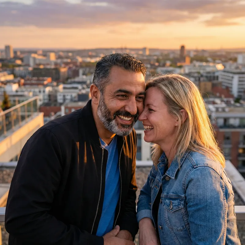 Happiness in City: Sunset Bliss with Friendly Couple Happiness in City: Sunset Bliss with Friendly Couple