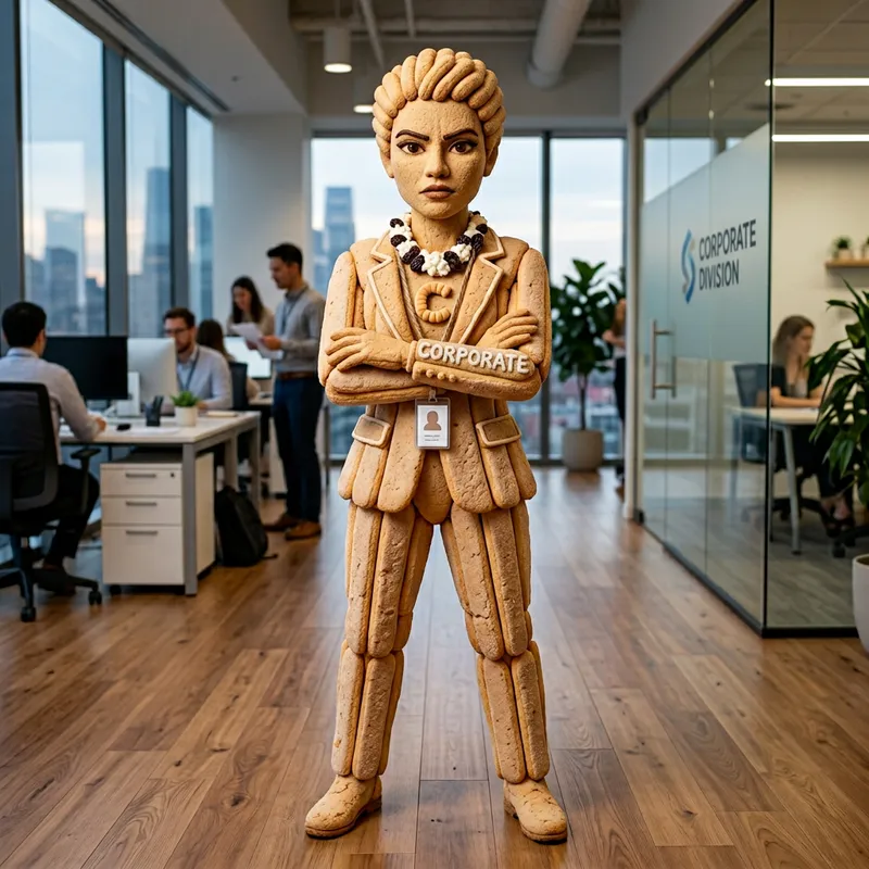 Corporate Superhero Woman Made of Ladyfinger with Raisin and Cottage Cheese Necklace