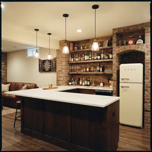 Stylish Basement Bar with L-Shaped Quartz Island