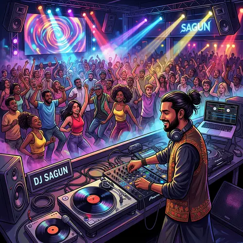 Dynamic DJ Booth with Diverse Crowd and Santali Artist Mixing Tracks