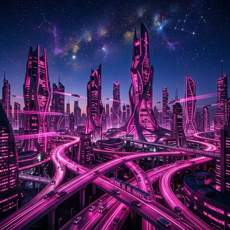 Neon Pink Futuristic City Skyline | Twilight Sky View