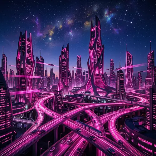 Future City Skyline - Neon Pink Architecture | Stunning Twilight Sky