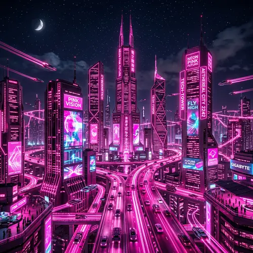 Futuristic Pink Cityscape: High-Tech Skyscrapers & Neon Lights