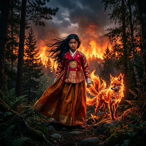 South Asian Girl in Fiery Hanbok | Enigmatic Forest Setting