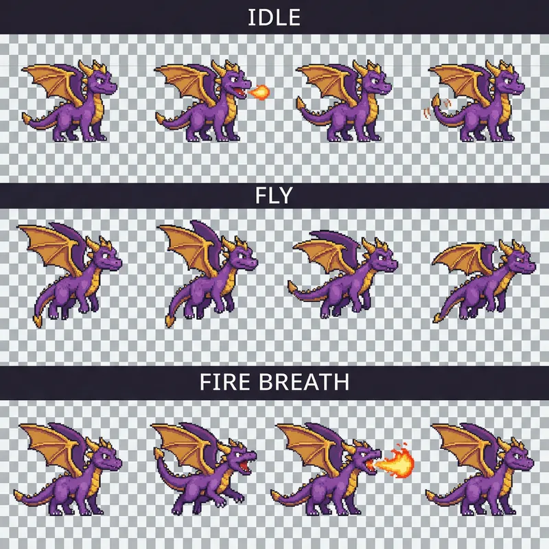Pixel Art Dragon Sprite Sheet for Side-Scrolling Game