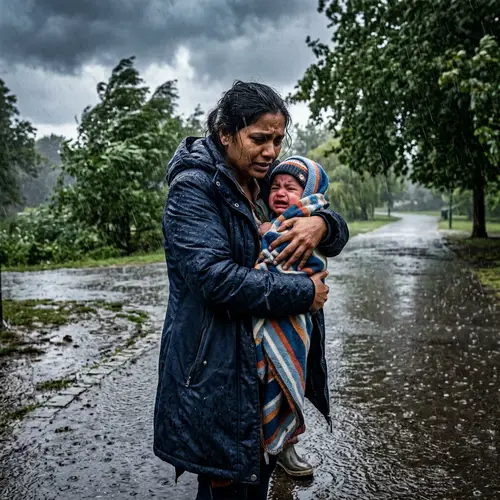 Mother Holding Crying Baby in Rain | Emotional Scene