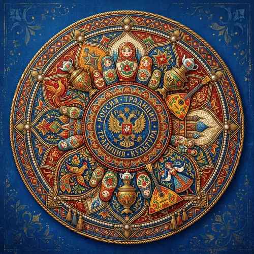 Intricate Russian Design Rosette Bursting with Folk Motifs