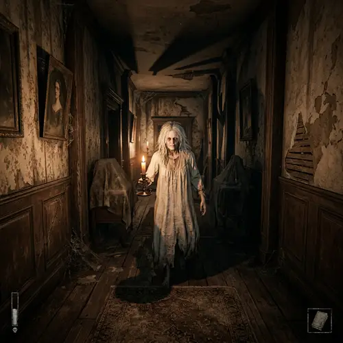 Eerie Elderly Woman in Haunted Mansion with Lit Candle