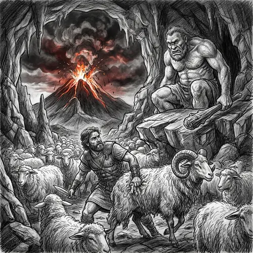 Odysseus Escaping from Cyclops in Volcanic Eruption Art
