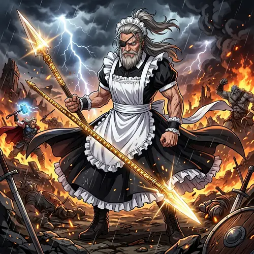 Wotan (Odin) Anime God: Long Gray Hair, Resolute Expression, Maid Costume & Gungnir Spear