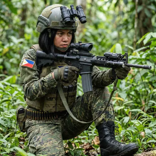 Intense Filipina Soldier in Jungle Camouflage Uniform with Assault Rifle