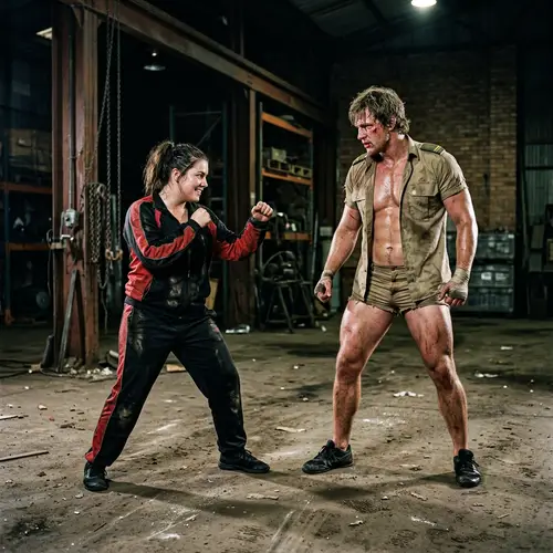 Intense Warehouse Fight Scene: Athletes Battle It Out