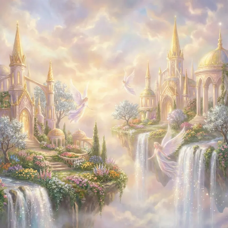 Ethereal Heaven: Angelic Cityscape & Lush Gardens