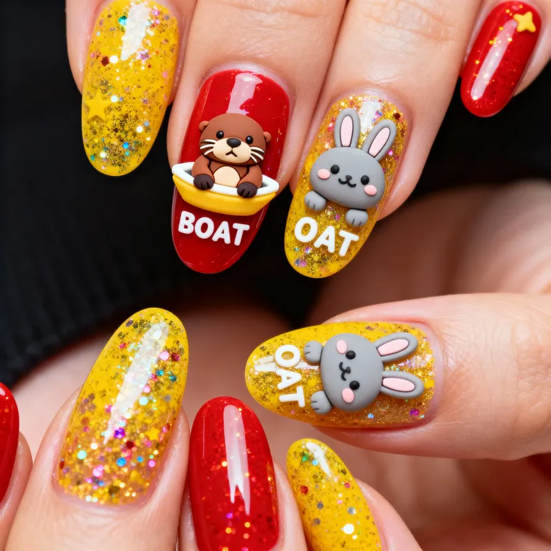 Kawaii Nail Art: Glittery Otter & Rabbit Design