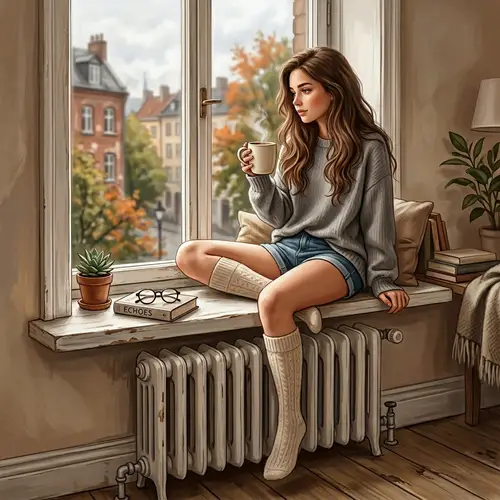 Relaxed Girl on a Windowsill with a Warm Drink