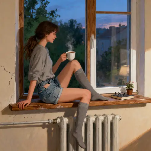 Relaxed Girl on a Windowsill with a Warm Drink