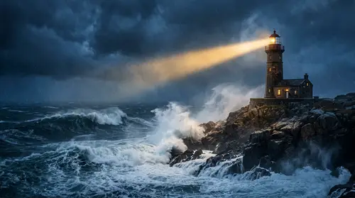Lighthouse Resilience: A Stormy Night Panorama