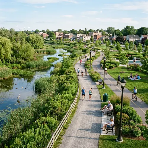 Serene Linear Park at Wetland's Edge | Green Spaces & Street Furniture