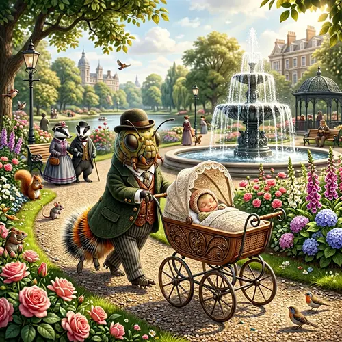Fluffy Caterpillar in 19th Century Attire: A Park Scene