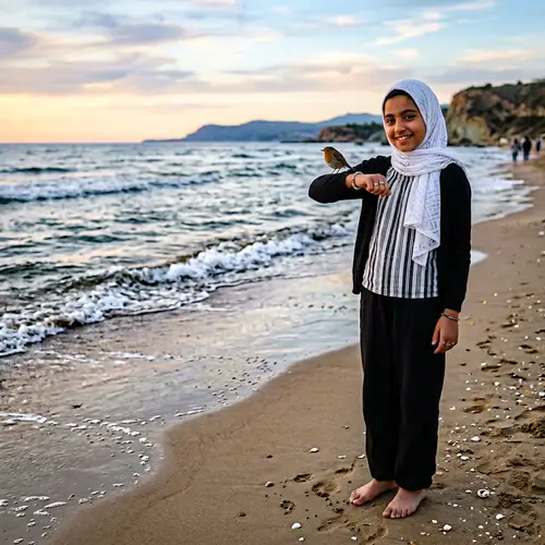Middle-Eastern Girl by the Sea in Black and White Outfit