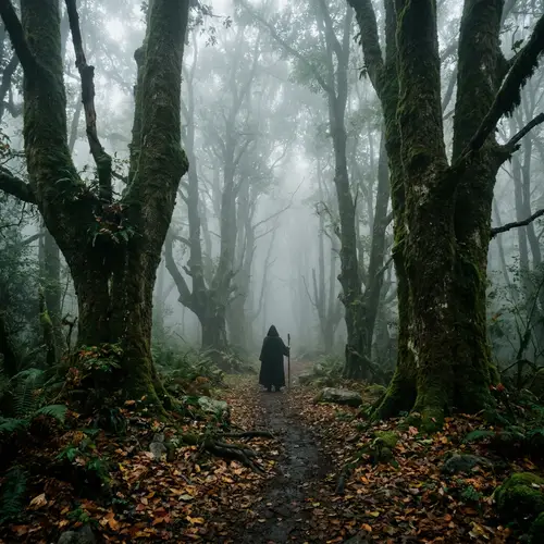 Enigmatic Figure in Misty Forest | Fantasy Scene