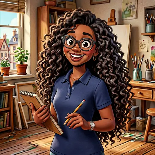 Stylized 3D Animation of Black Woman with Curly Hair & Glasses