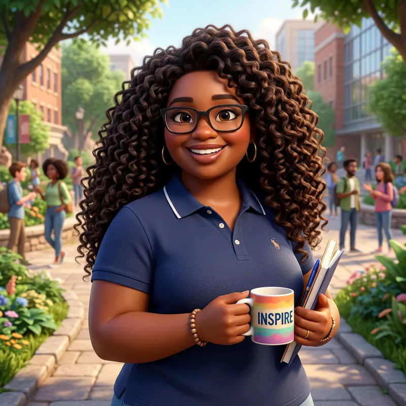 African Descent Plus Size Woman with Rectangular Glasses and Curly Waist-Length Hair