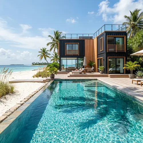 Modern Black Container-Style House with Sparkling Pool on Clear Beach