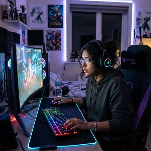Intense South Asian Female Online Gamer on Colorful Backlit Keyboard
