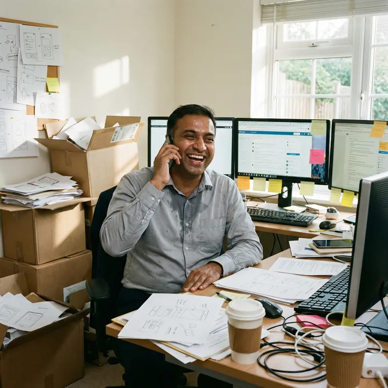 Cheerful Entrepreneur in a Creative Chaos