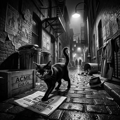 Mischievous Feline in Vintage Film Noir Style