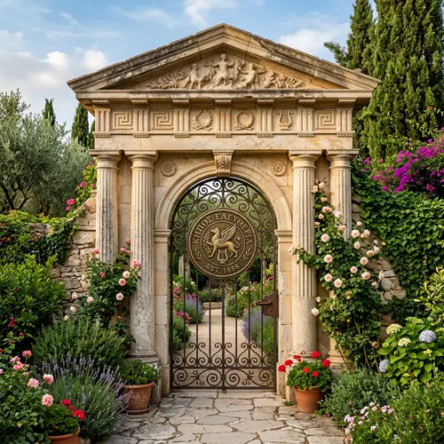 Greek Garden Gate: Ancient Charm and Blooming Elegance