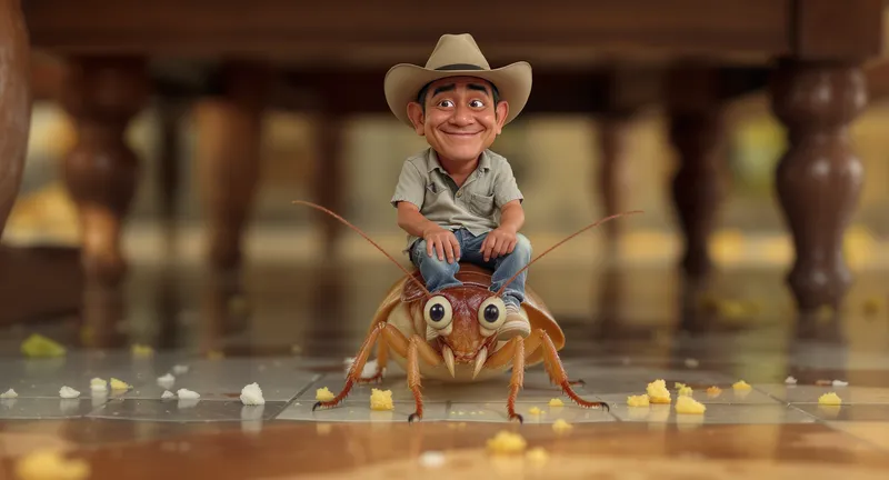 Malay Cowboy Rides Cartoon Cockroach Under Table