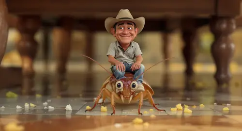Malay Cowboy Rides Cartoon Cockroach Under Table
