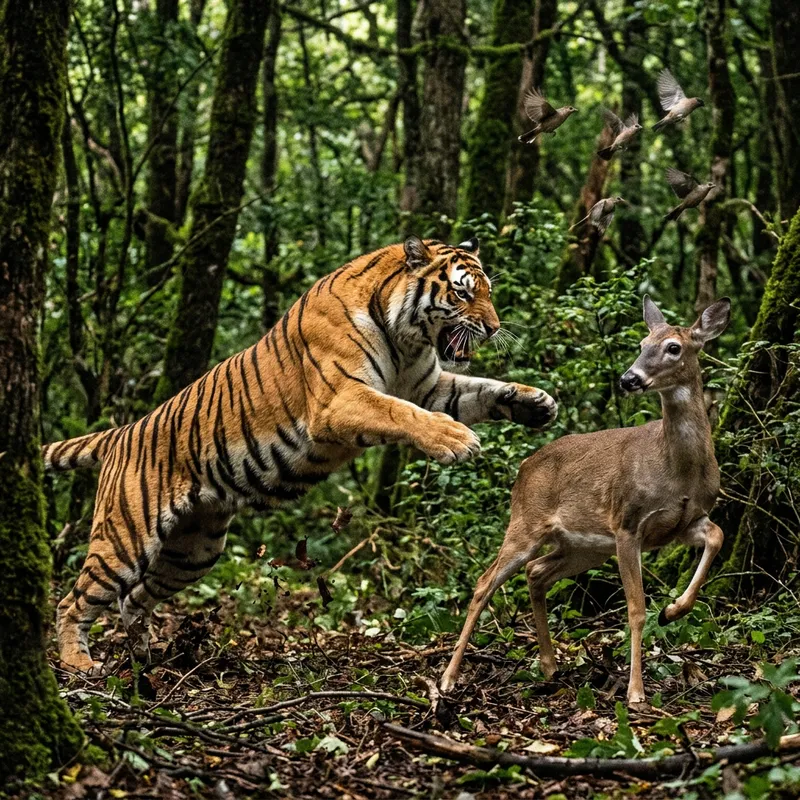Dramatic Tiger Hunts Deer in Forest Scene