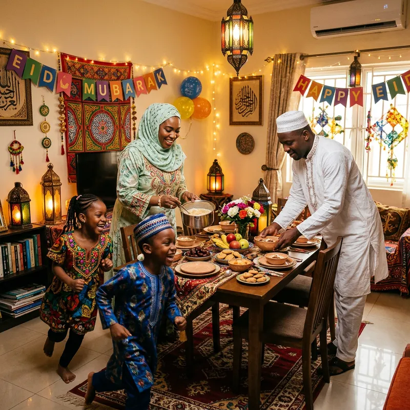 Joyful African Family Celebrating Eid al-Fitr at Home