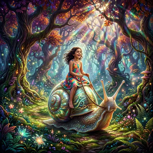 Magical Forest Adventure: Girl Riding Giant Snail