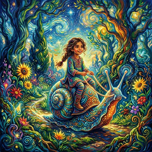 Girl Riding Giant Snail in Magical Forest | Van Gogh Style Art