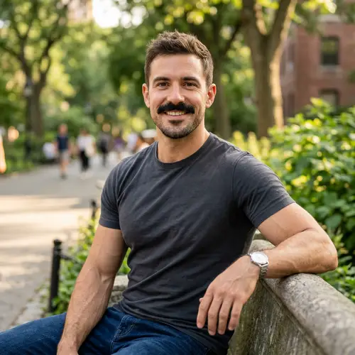 Stylish Man in 30s: Brown Hair and Beard Look