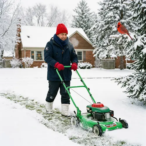 Winter Lawn Mowing: Striking Scene with a Hispanic Man and Cardinal