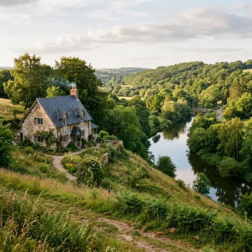 Vintage Aged Dwelling Overlooking River on Hill