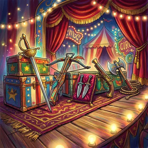 Circus-Themed Stage with Colorful Array of Weapons