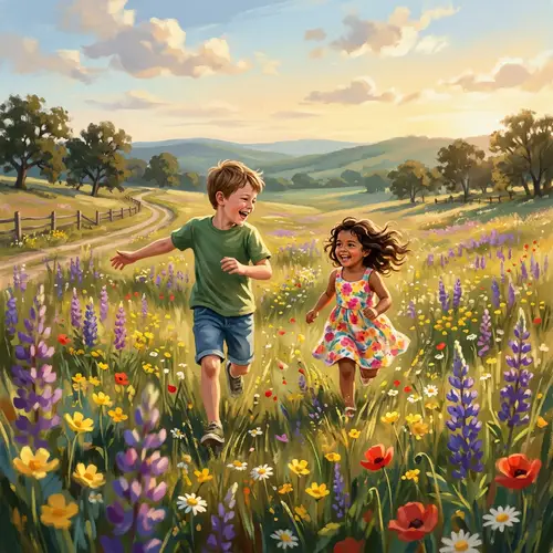 Joyful Sibling Bonding in Colorful Meadow - Family Fun Scene
